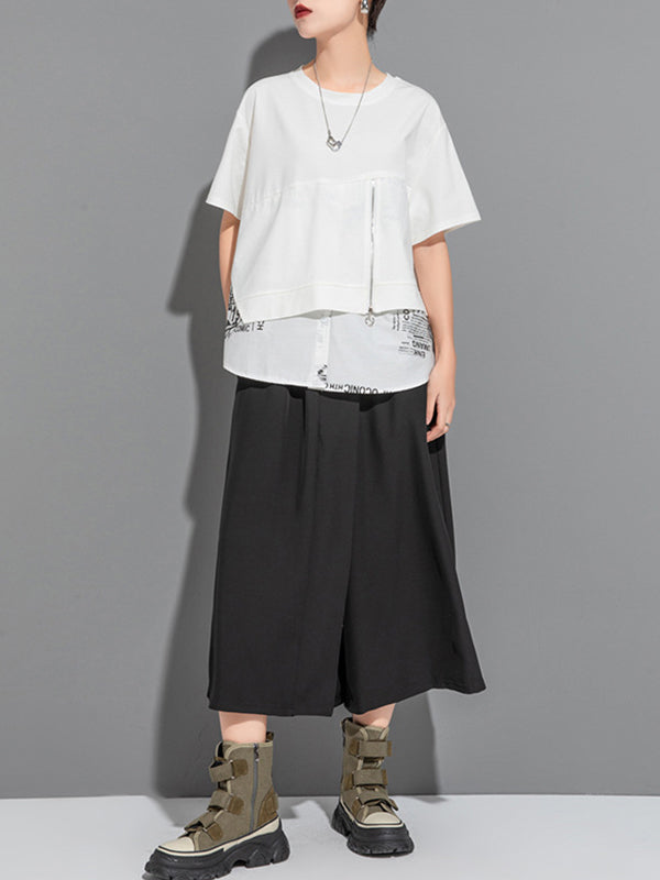 Printing Split-Joint False Two Loose Round-neck T-Shirts Tops