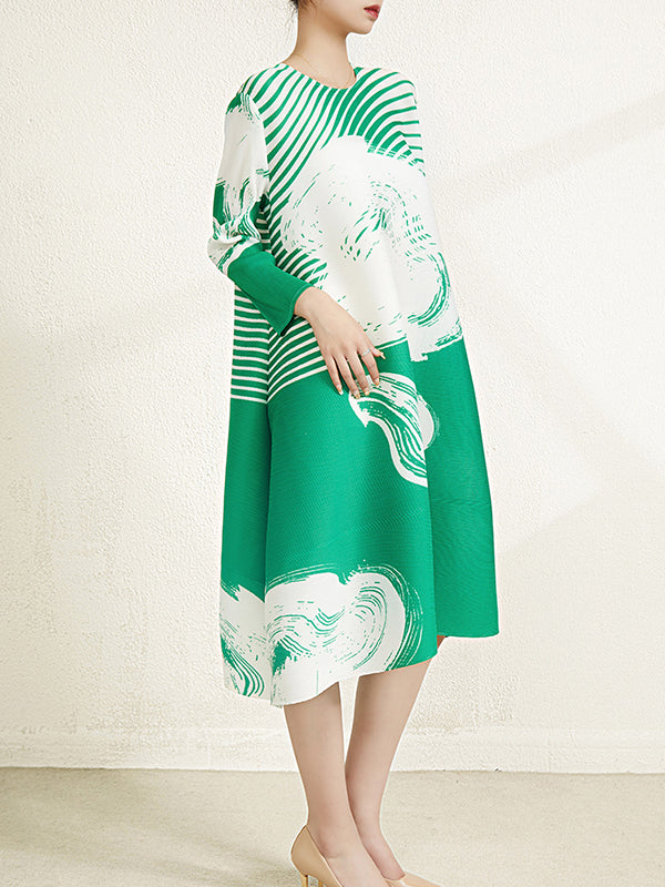 Pleated Printed Long Sleeves Loose Round-neck Midi Dresses
