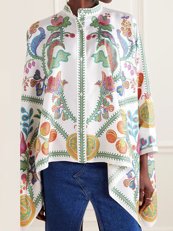 Buttoned Flower Print Batwing Sleeves High-Low Mock Neck Blouses&Shirts Tops
