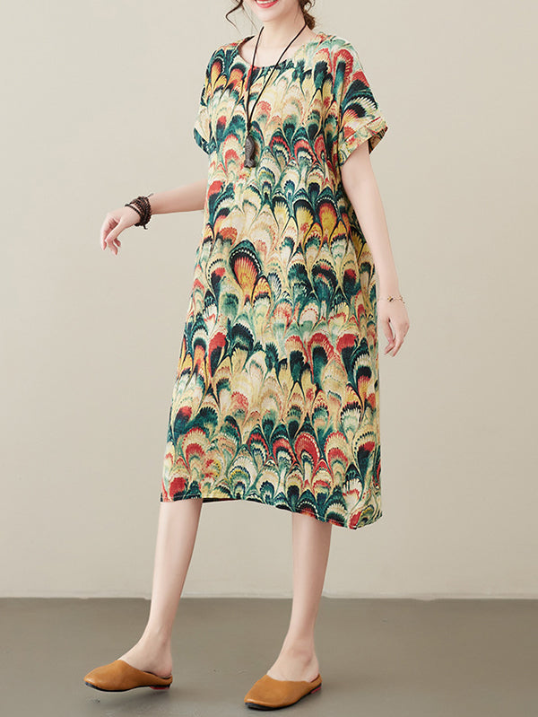 Printed Split-Joint Loose Short Sleeves Round-neck Midi Dresses