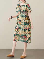 Printed Split-Joint Loose Short Sleeves Round-neck Midi Dresses