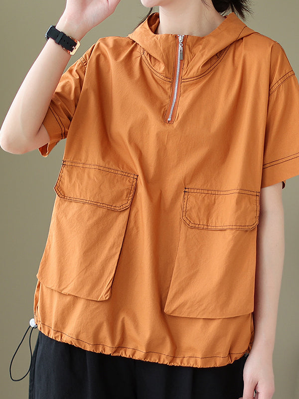 Zipper Loose Short Sleeves Hooded T-Shirts Tops