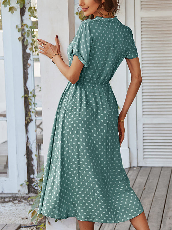 Buttoned Drawstring Polka-Dot A-Line High Waisted V-Neck Shirt Dress Midi Dresses