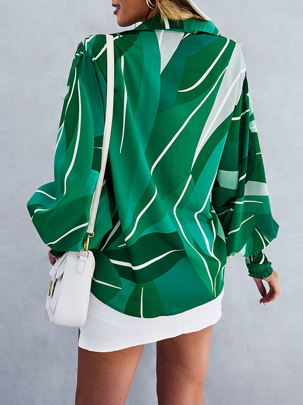 Buttoned Elasticity Printed Long Sleeves Loose Lapel Blouses&Shirts Tops