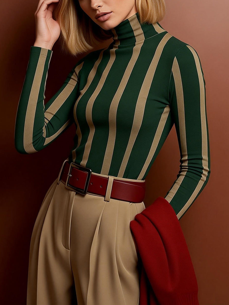 Contrast Color Split-Joint Striped Long Sleeves Skinny High Neck Blouses&Shirts Tops