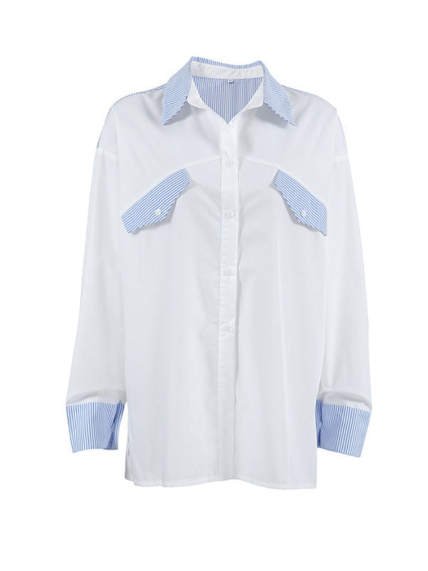 Buttoned Split-Joint Striped Long Sleeves Loose Lapel Blouses&Shirts Tops