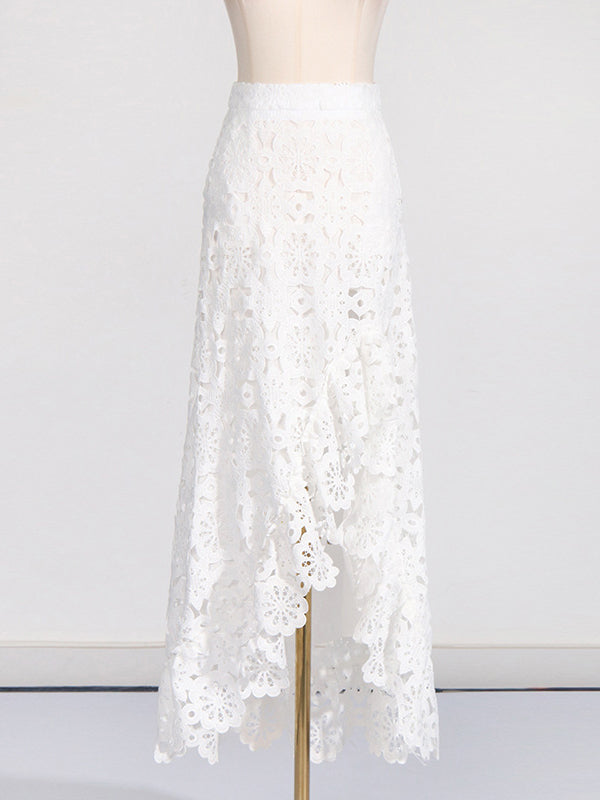 Jacquard Solid Color Flower Print Hollow Round-Neck Vest Top + Ruffle Trim Bodycon High-Low Skirts Bottom Two Pieces Set