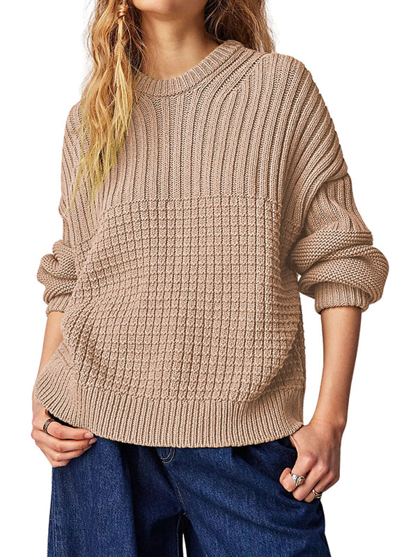 Solid Color Long Sleeves Loose Round-Neck Sweater Tops Pullovers