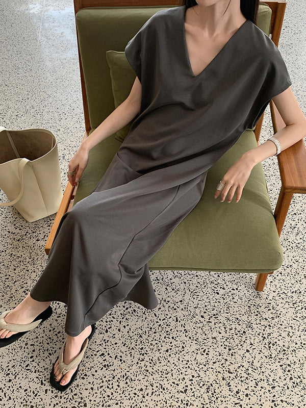 Solid Color Batwing Sleeves Loose V-neck Midi Dresses