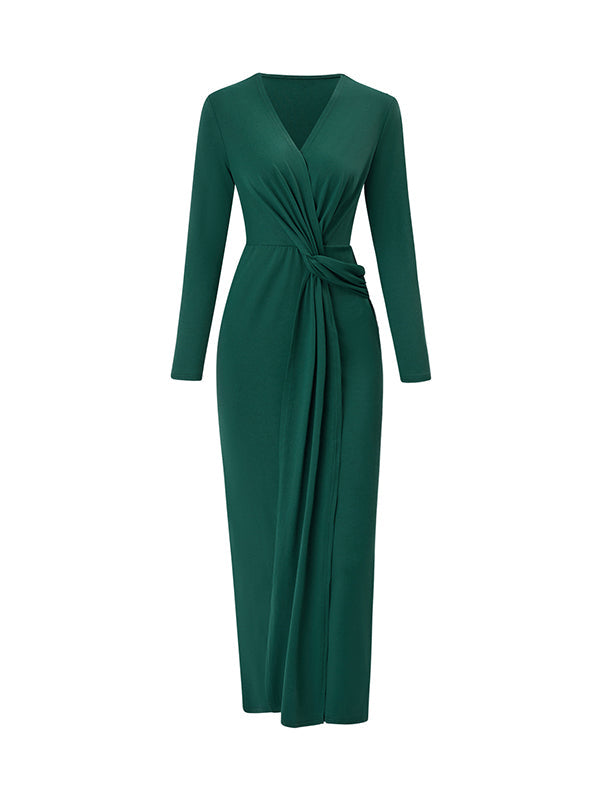 Bowknot Solid Color Bodycon Long Sleeves V-neck Maxi Dresses