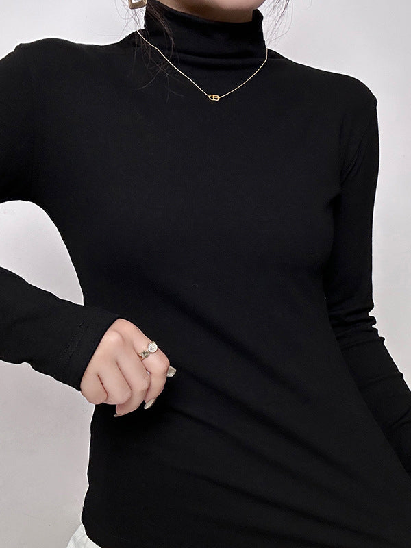 Solid Color Long Sleeves Skinny High Neck T-Shirts Tops