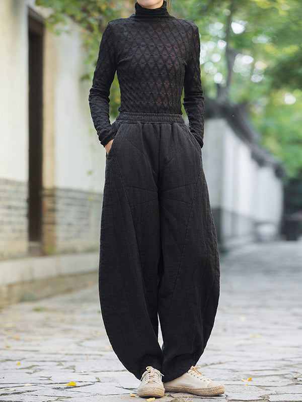 Casual Loose Keep Warm Quilted Solid Color Padded Bloomers Pants