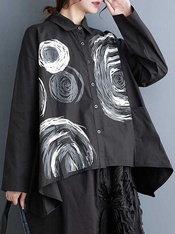 Asymmetric Printed Split-Joint Long Sleeves Loose Lapel Blouses