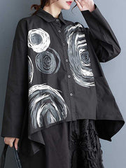 Asymmetric Printed Split-Joint Long Sleeves Loose Lapel Blouses