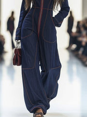 Zipper Long Sleeves Wide Leg Stand Collar Jumpsuits