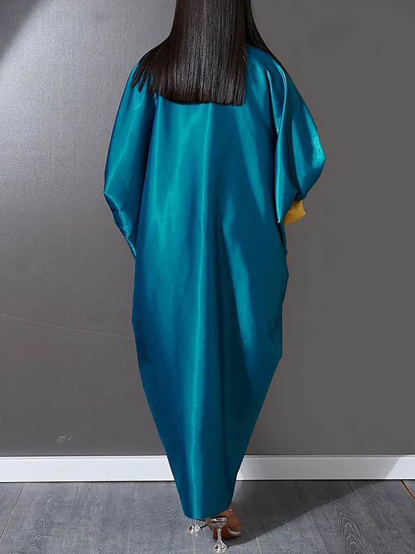 Solid Color Batwing Sleeves High-Low Deep V-Neck Maxi Dresses