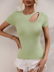 Asymmetric Hollow Solid Color Loose Short Sleeves Round-Neck T-Shirts Tops