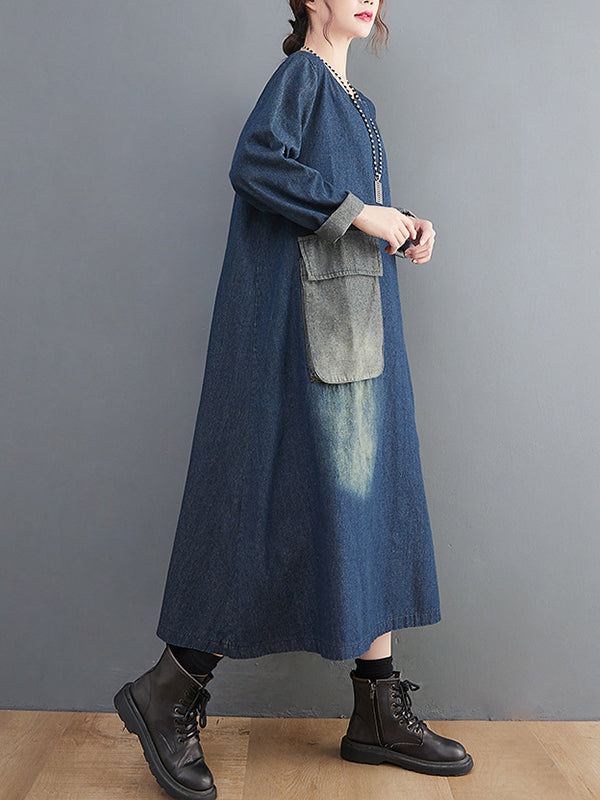 Artistic Retro Loose Denim Applique Round-Neck Long Sleeves Midi Dress