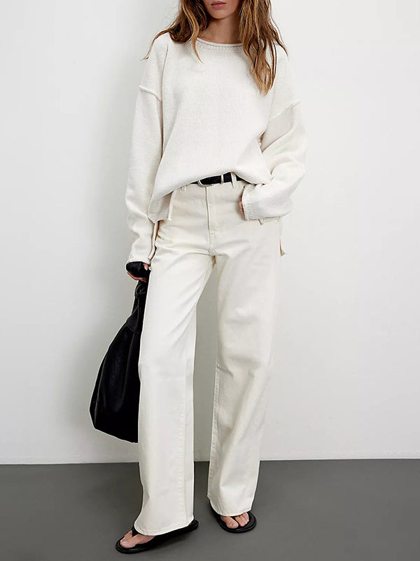 Solid Color Split-Joint Long Sleeves Loose Round-neck Sweater Tops