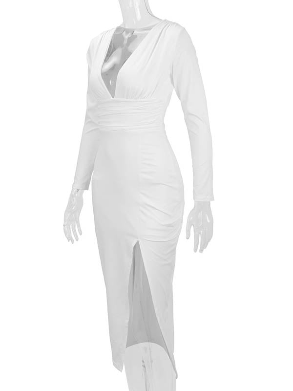 Pleated Solid Color Split-Joint Split-Side Bodycon Elasticated Waist Deep V-Neck Midi Dresses