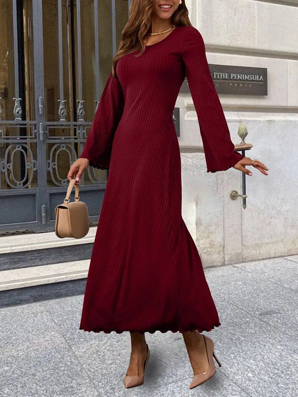 Pleated Ruffled Solid Color Split-Joint Long Sleeves Round-neck Maxi Dresses