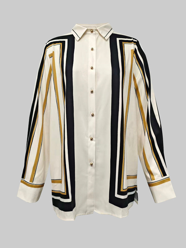 Long Sleeves Loose Plaid Striped Lapel Blouses&Shirts Tops