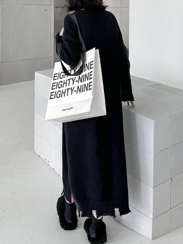 Split-Joint Split-side Long Sleeves Loose V-neck Sweater Dresses Midi Dresses