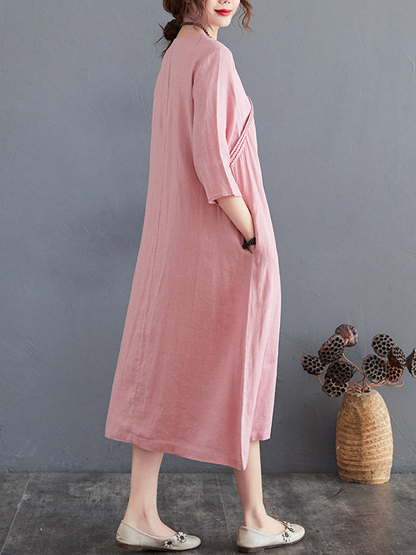 Cotton Blend V-Neck Embroidered Midi Dress