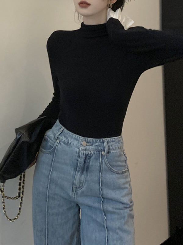 Pleated Split-Joint Long Sleeves Skinny High Neck T-Shirts