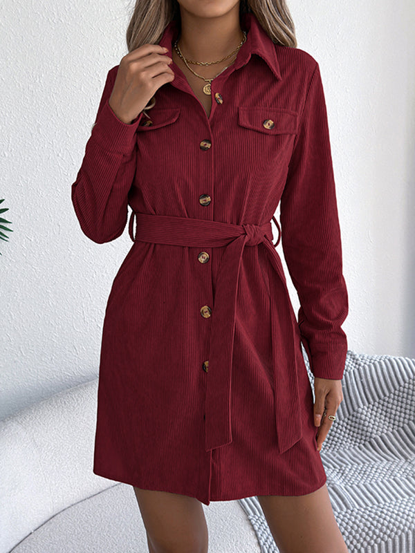 Belted Buttoned Single-Breasted Solid Color Elasticated Waist Long Sleeves Lapel Collar Shirt Dress Mini Dresses