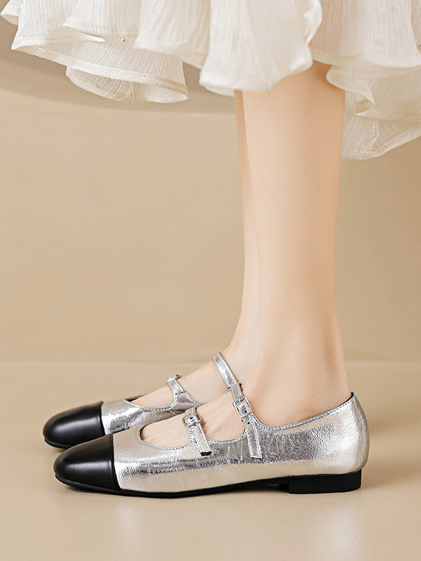 Belt Buckle Round-Toe Split-Joint Mary Janes Flat Shoes