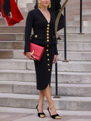 Buttoned Split-Joint Long Sleeves Loose Deep V-Neck Midi Dresses