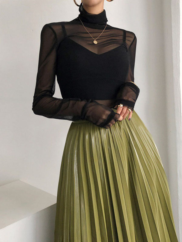 Gauze See-Through Solid Color Long Sleeves Skinny High Neck T-Shirts