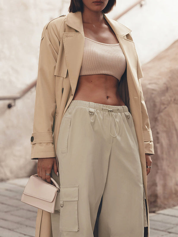 Drawstring Elasticity Pockets Split-Joint High Waisted Loose Trousers Pants