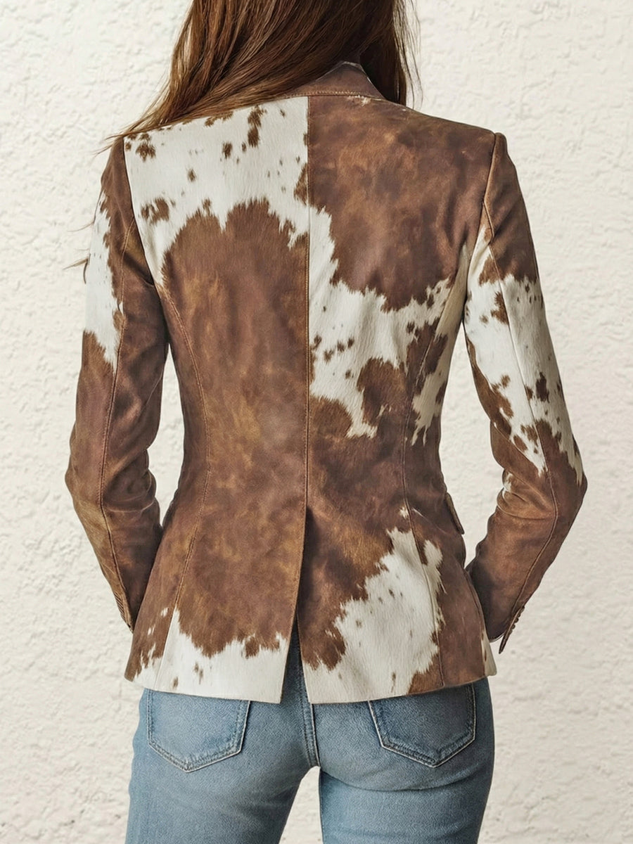 Buttoned Contrast Color Pockets Printed Split-Back Long Sleeves Notched Collar Outerwear Blazer