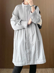 Pleated Quilted Solid Color Zipper Long Sleeves Loose Asymmetric Collar Padded Coat
