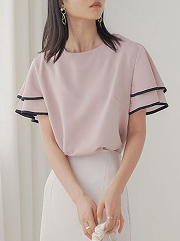 Falbala Tiered Short Sleeves Round-Neck T-Shirts Tops