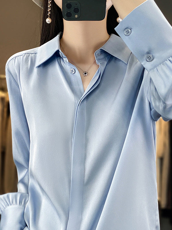 Buttoned Pleated Solid Color Long Sleeves Loose Lapel Blouses&Shirts Tops