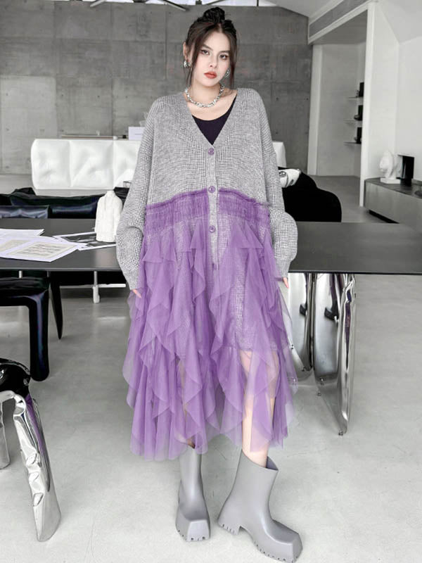 Buttoned Contrast Color Mesh Pleated Ribs Split-Joint High-Low Irregularity Collarless Outerwear Cardigan Tops