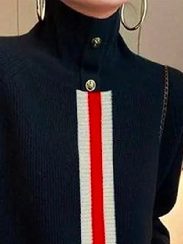 Split-Joint Striped Long Sleeves Loose High Neck Sweater Tops