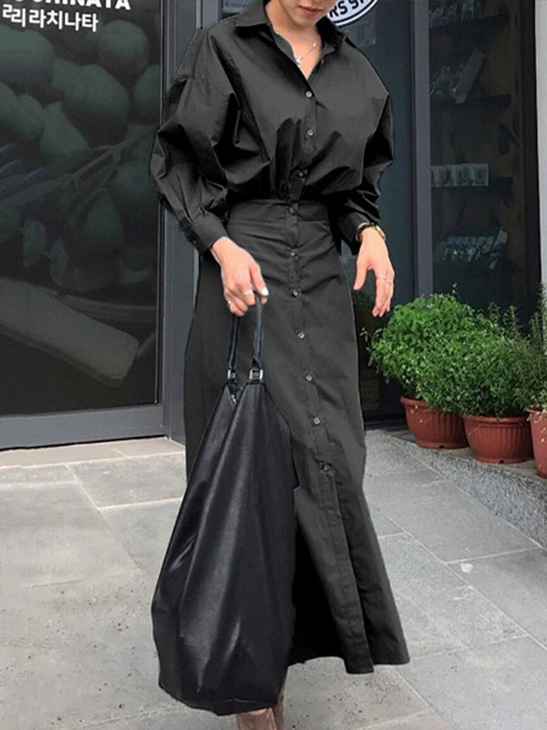 Pleated Solid Color Split-Joint Loose Puff Sleeves Lapel Shirt Dress Maxi Dresses