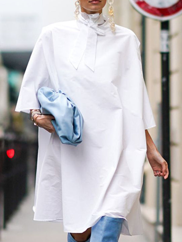 Buttoned Solid Color Tied Loose Three-Quarter Sleeves Lapel Blouses&Shirts Tops