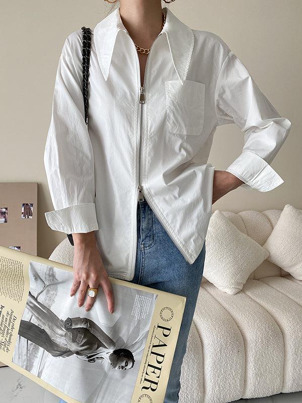 Long Sleeves Solid Color Zipper Lapel Collar Blouses