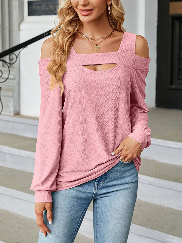Hollow Jacquard Solid Color Long Sleeves Loose U-Neck T-Shirts Tops