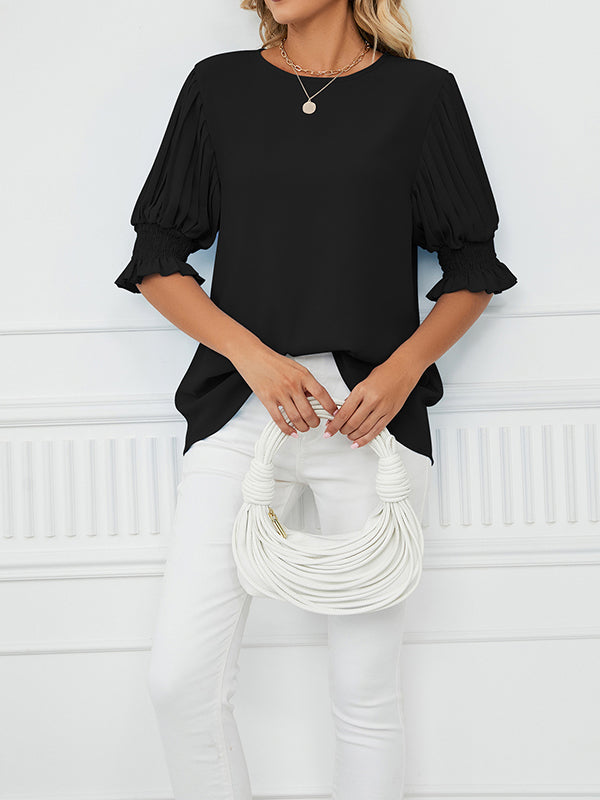 Pleated Solid Color Loose Puff Sleeves Round-Neck T-Shirts Tops