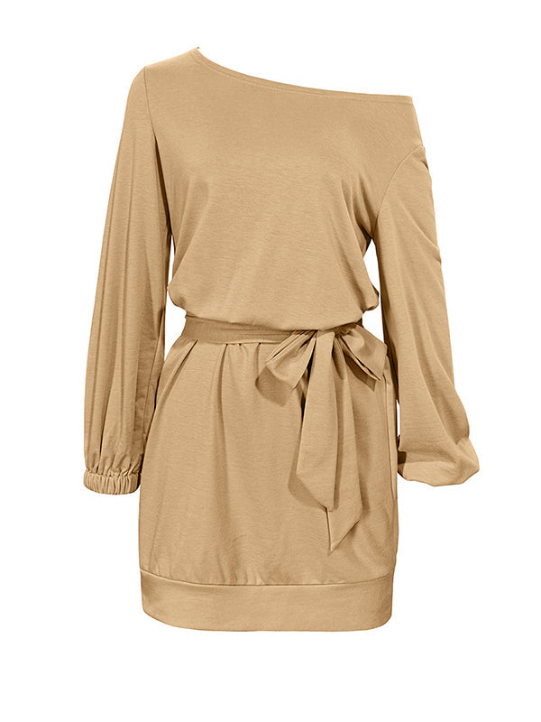 Elasticity Solid Color Tied Waist Long Sleeves Loose One-Shoulder Mini Dresses