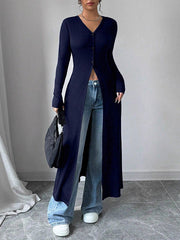 Buttoned Solid Color Split-Front Long Sleeves Skinny V-Neck T-Shirts