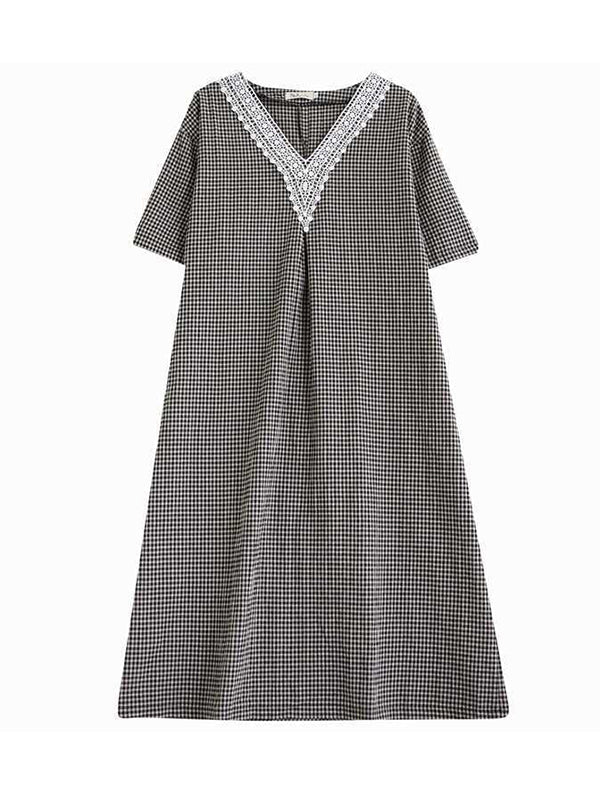 Plaid Pleated Split-Joint A-Line Half Sleeves V-Neck Midi Dresses