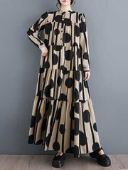 Buttoned Pleated Polka-Dot Split-Joint A-Line Long Sleeves Stand Collar Shirt Dress Maxi Dresses