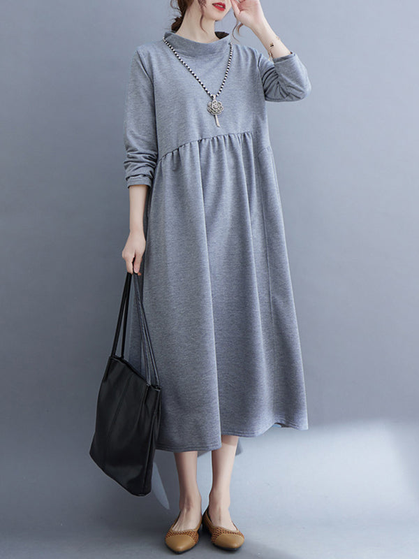 Casual Loose Long Sleeves Solid Color Stand Collar Midi Dresses